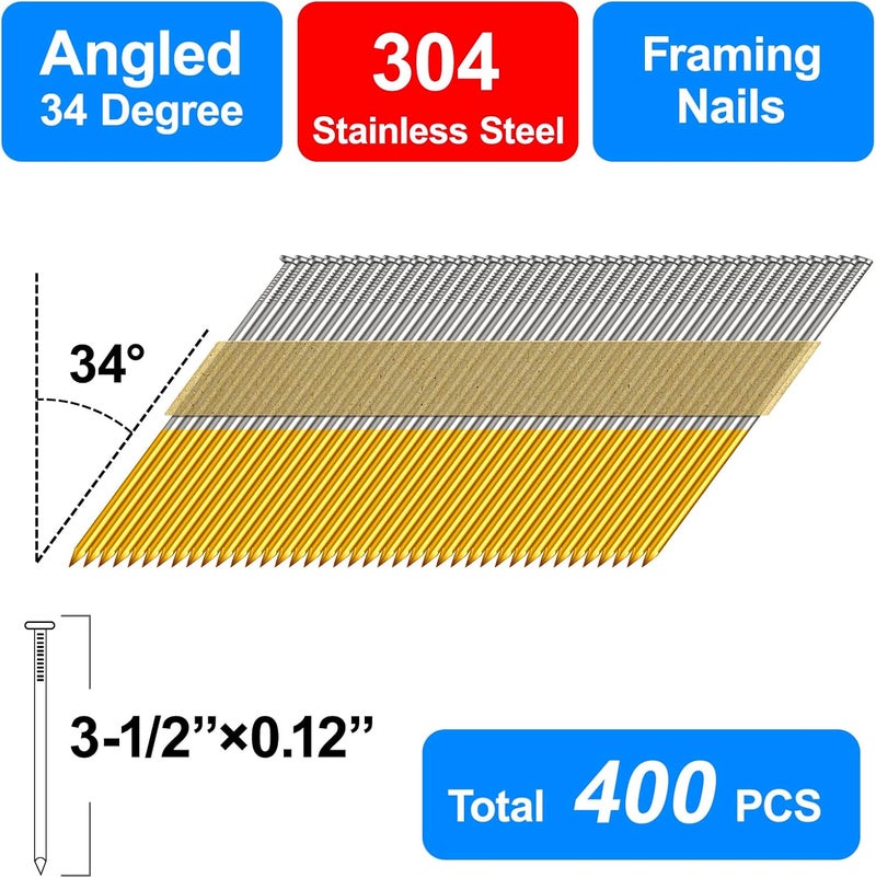 SimCos 34-30 Degree Framing Nails 304 Stainless Steel D Head Paper Tape Strip Nails for 30 to 34 degree Framing Nailer (3-1/2"-400 PCS) - Image 3